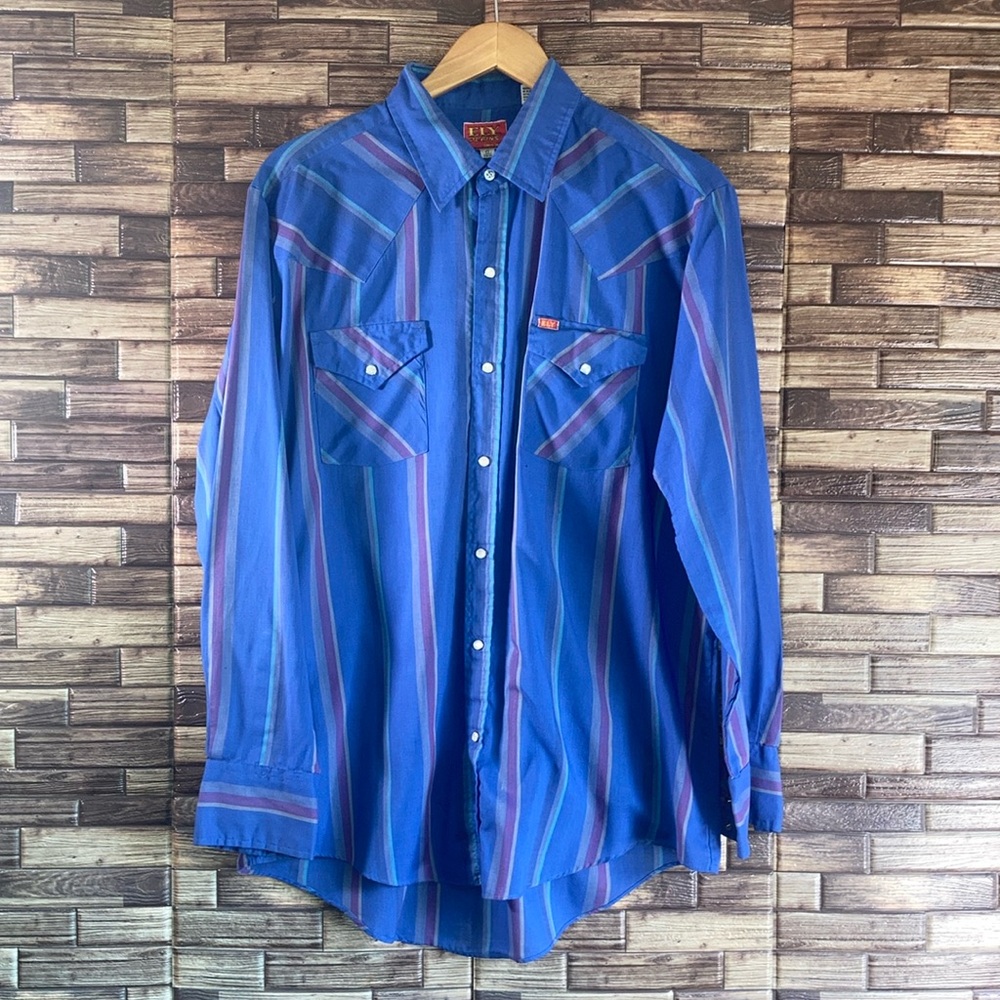 Mens Vintage Ely Plains Western Pearl Snap Shirt Blue Stripe XL 17/34